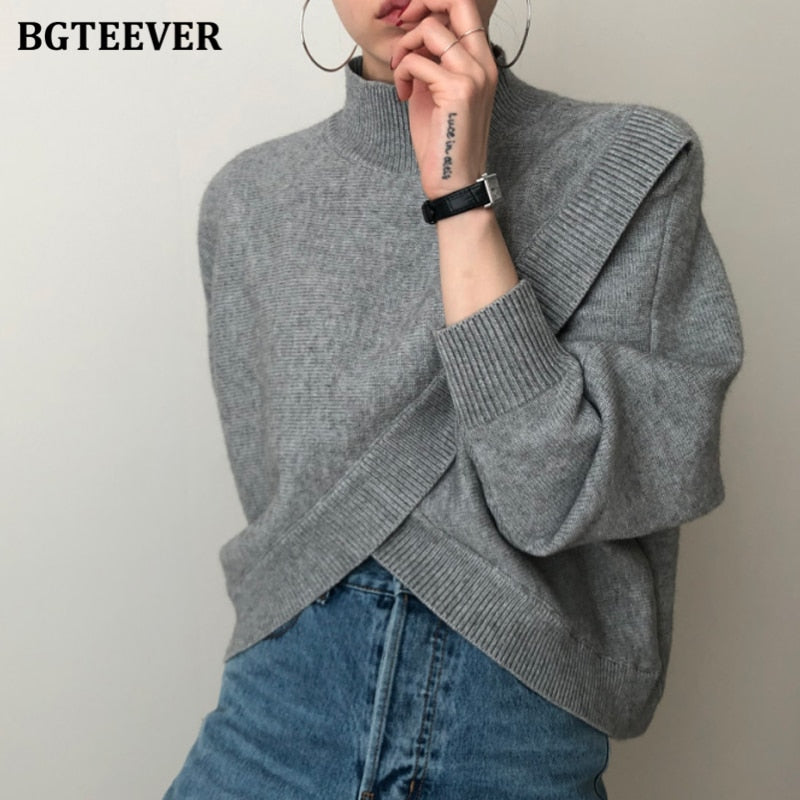 BGTEEVER Fashion Half-turtleneck Women Sweater Jumpers 2020 Autumn Winter Knitwear Cross Split Loose Female Knitted Pullovers