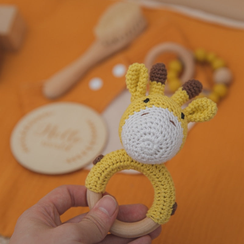 1Set Baby Bath Toy Set  Baby Bath Towel Wooden Rattle Bracelet Crochet Rattles Toys Infant Bath Products Newborn Bed Bell