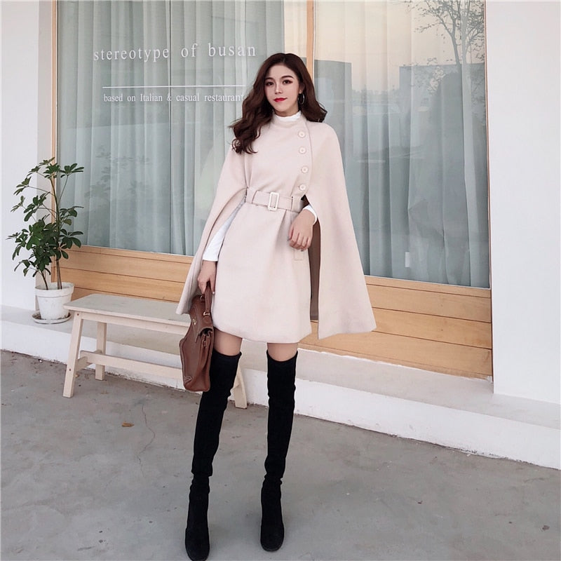 2022 Autumn High Quality Woolen Cloth Shawl Cape Poncho With Belt Women Mid-length Korean Sleeveless Casual Ladies Cape Coats