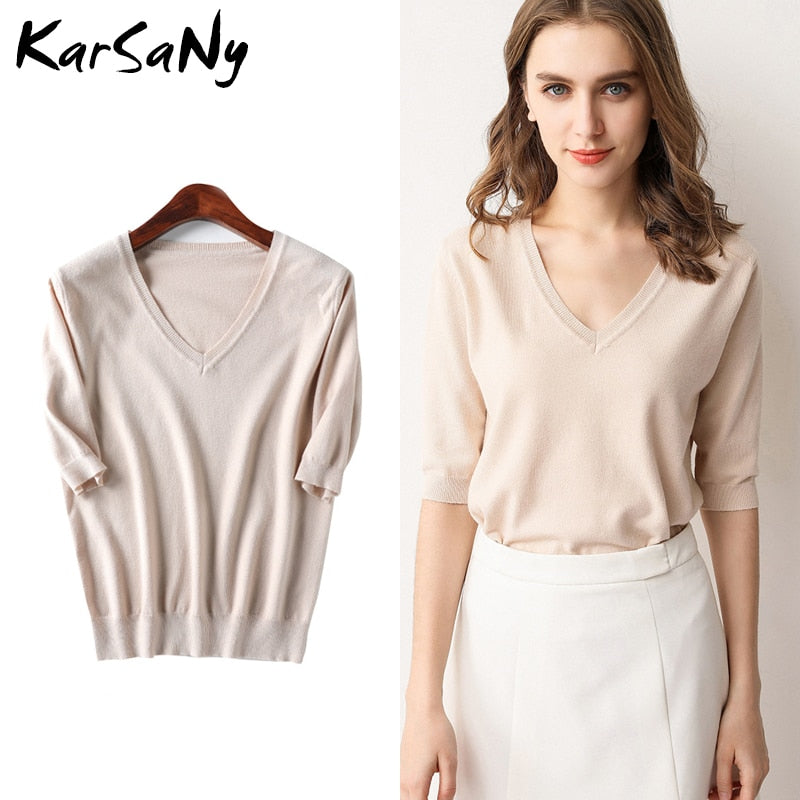 KarSany Half Sleeve Knitted Blouse Women Summer 2022 Pullovers Ladies V-neck Blouses Blouse Knitted Womens Tops And Blouses