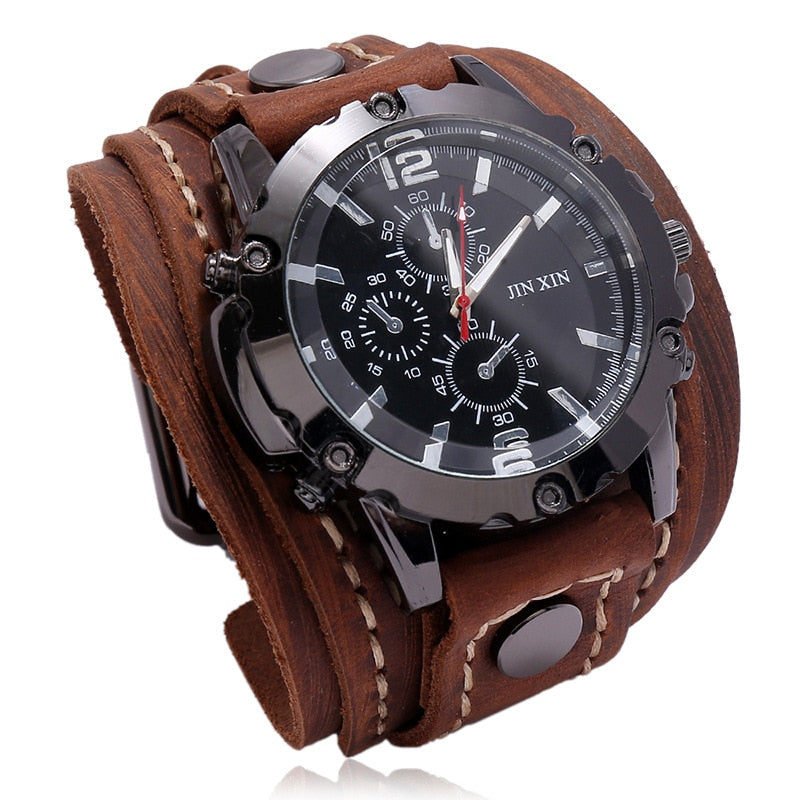 Mens Quartz Watches Jessingshow Luxury Wristwatch 2022 Cowhide Watchband Punk Style Watch for Men Wide Genuine Leather Bracelets