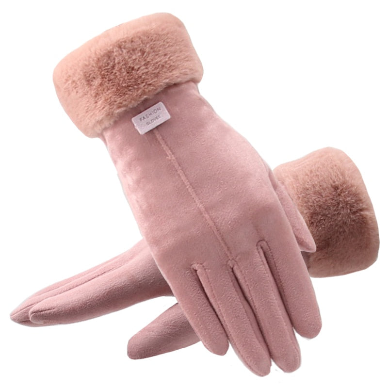 Winter Gloves For Women Touch Screen Lady Suede Warm Plush Inside Finger Gloves Female Winter Elegant Soft Black Mittens Gloves