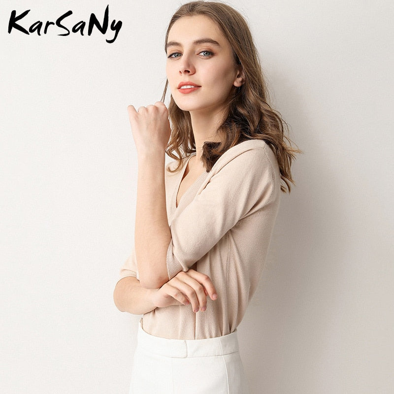 KarSany Half Sleeve Knitted Blouse Women Summer 2022 Pullovers Ladies V-neck Blouses Blouse Knitted Womens Tops And Blouses