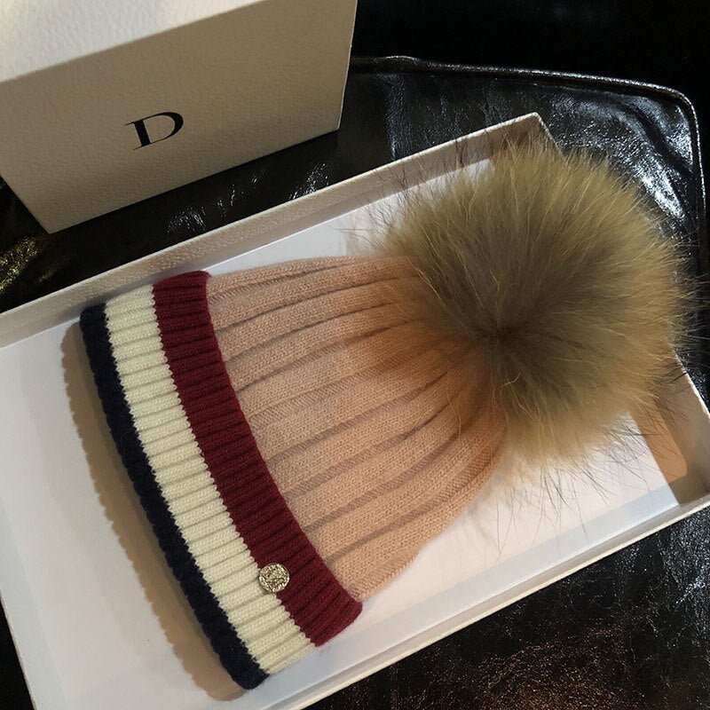 Beanies for Women Cotton Raccoon Fur Pompom Beanies Ladies Skullies Winter Warm Hats Black Red Fur Striped Men Beanies Elastic