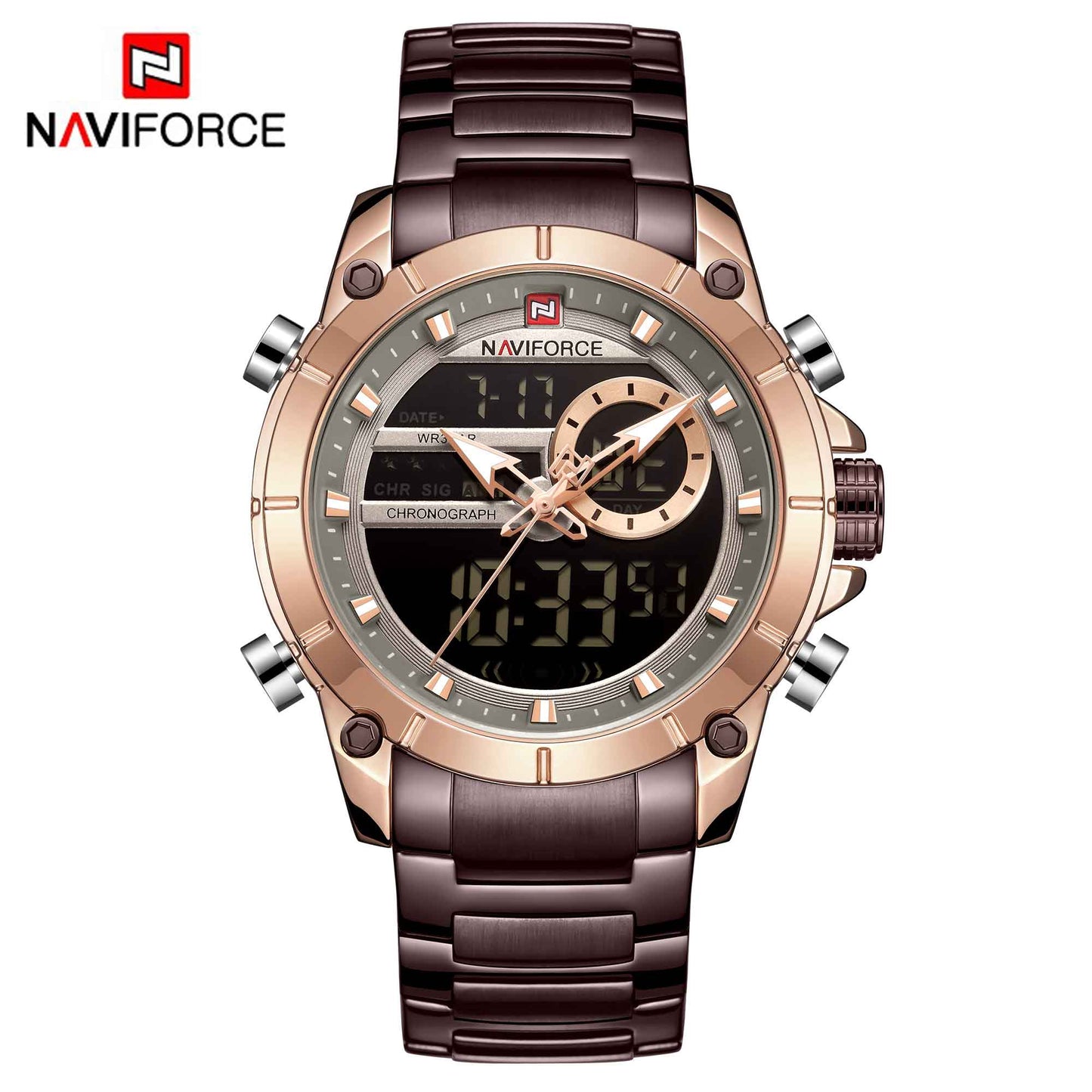 NAVIFORCE Luxury Original Sports Wrist Watch For Men Gold Quartz Steel Waterproof Dual Display Watches Relogio Masculino 9163