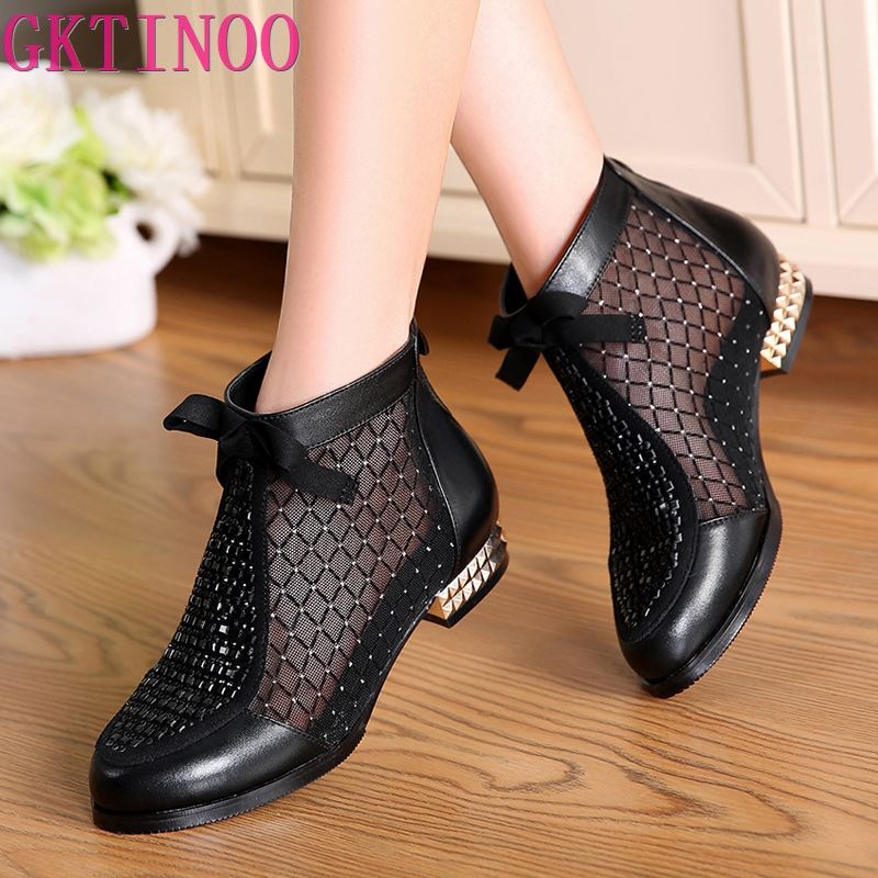 GKTINOO 2022 Spring Summer New Bow Genuine Leather Women Boots Hollow Mesh Ankle Boots Comfortable Low Heels Fashion Shoes