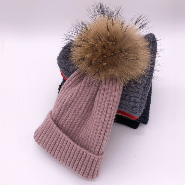 2022 New winter hat luxury quality Fox fur pompom hats beanie High quality Girls women bonnet winter hats for women