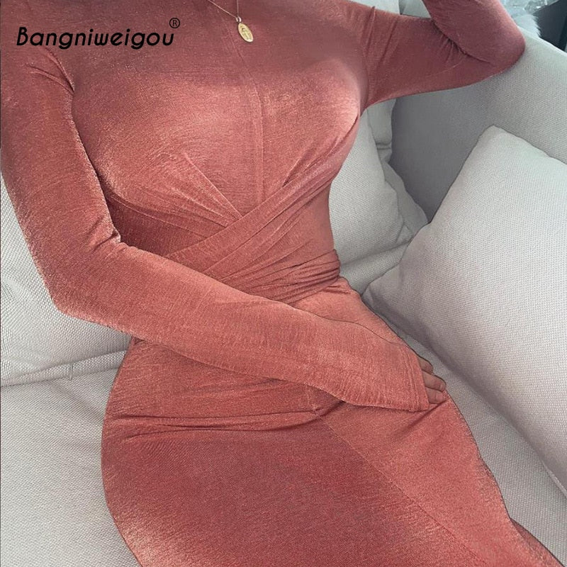 Bangniweigou Ruched Waist Wrap Midi Dress Women Elegant Long Sleeve Bodycon Party Dress Autumn Skinny Robe Femme Sheath