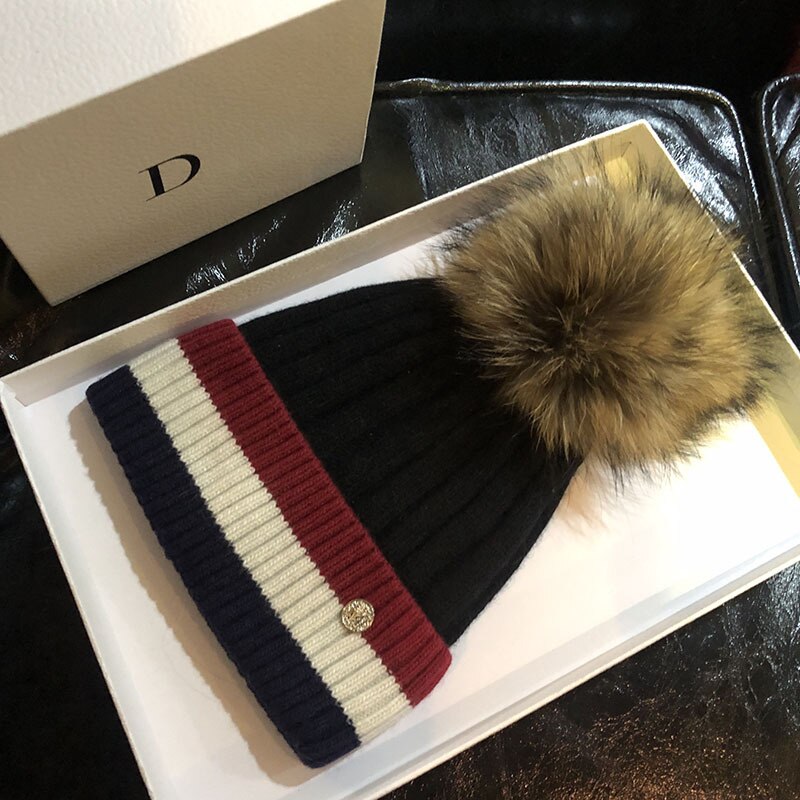 Beanies for Women Cotton Raccoon Fur Pompom Beanies Ladies Skullies Winter Warm Hats Black Red Fur Striped Men Beanies Elastic