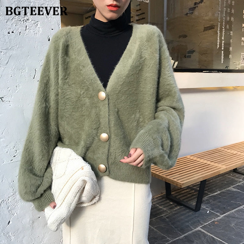 BGTEEVER Elegant Loose Women Knitted Cardigans Lantern Sleeve Mohair Sweater Jumpers 2020 Autumn winter Female Cardigan Jacket