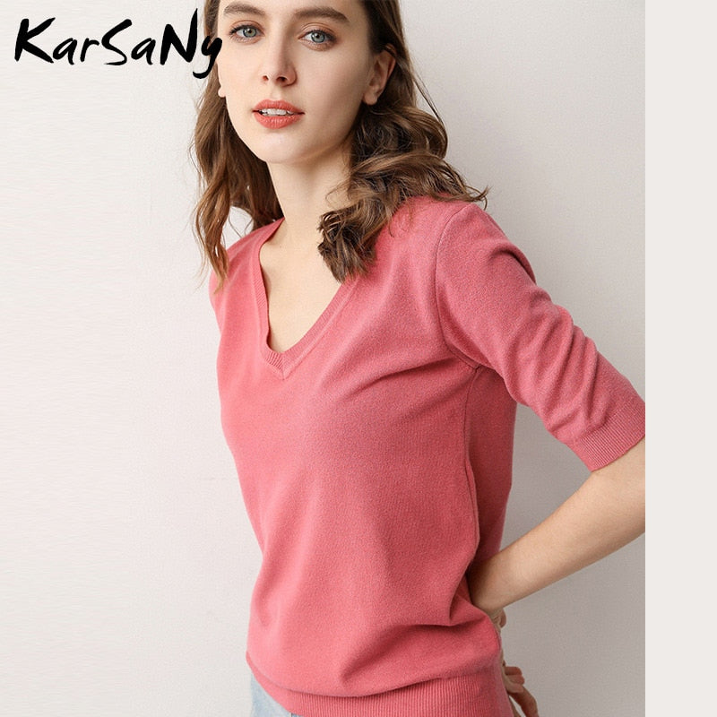 KarSany Half Sleeve Knitted Blouse Women Summer 2022 Pullovers Ladies V-neck Blouses Blouse Knitted Womens Tops And Blouses