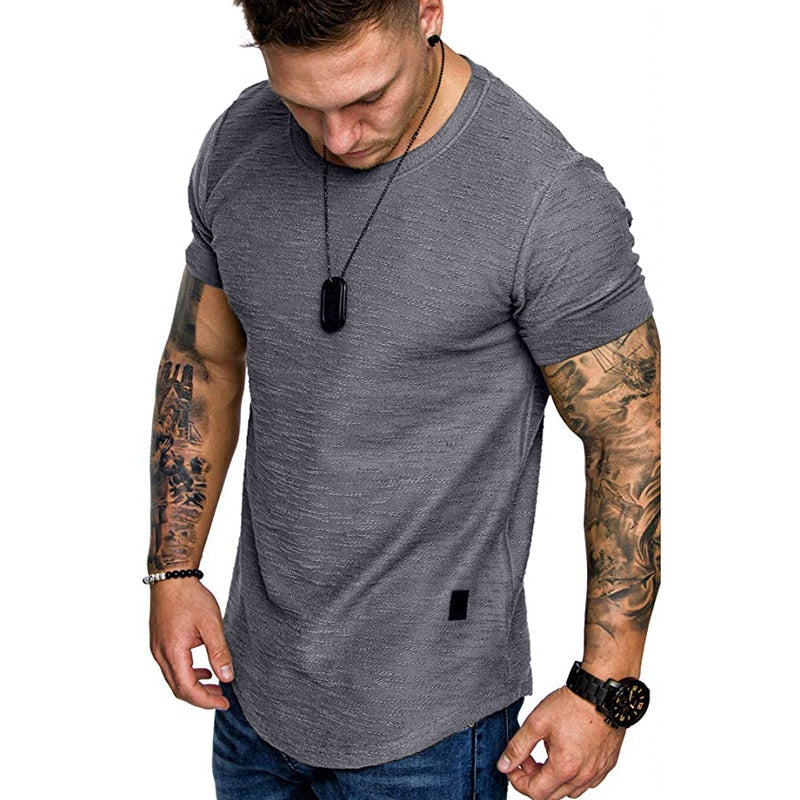 New Men&#39;s T-shirt Slim Fit O-neck Short Sleeve Muscle Fitness Casual Hip Hop Cotton Top Summer Fashion Basic T-shirt Large Size