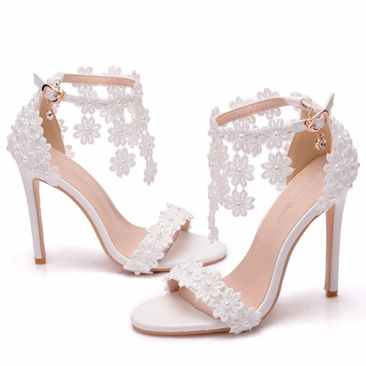 Crystal Queen Women Ankle Strap Sandals White Lace Flowers Pearl Tassel  Super Stiletto High Heels Slender Bridal Wedding Shoes