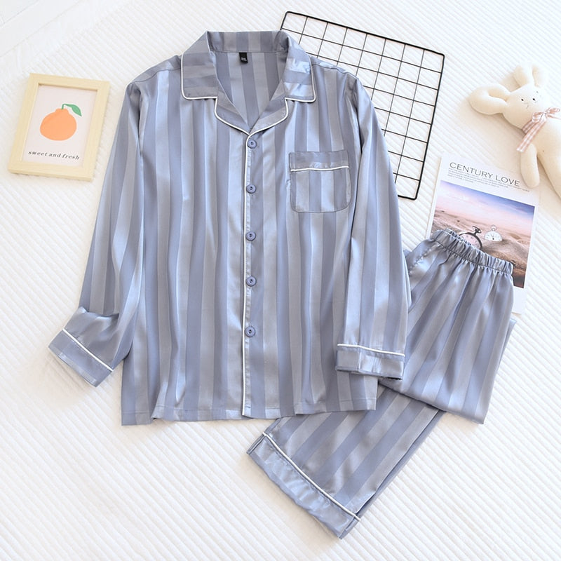 New Couple Pajamas Suit Ice Silk Long-Sleeve Sleepwear Silky Satin Women Home Service Set Femme Pijamas Mujer  Feminino Pyjama