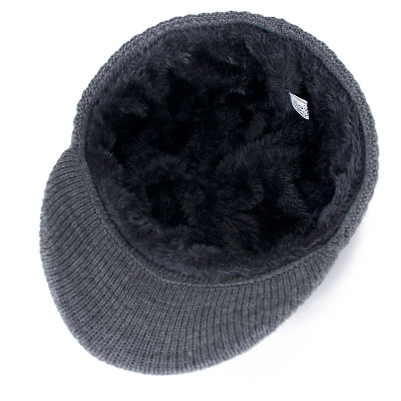 New Unisex Warm Winter Hat With Brim Add Fur Lined Beanie Hat Sports Label Thicken Winter Hats For Men Women Knitted Hat