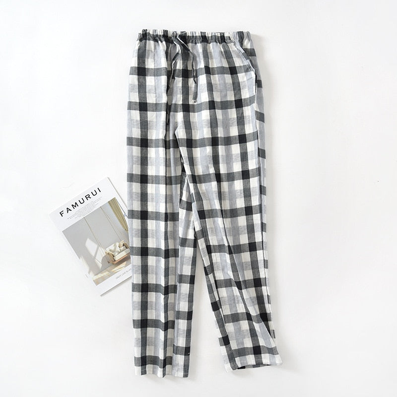 Men&#39;s Cotton Gauze Trousers Plaid Knitted Sleep Pants Woman Pajamas Pants Bottoms Sleepwear Short for Couples Pijama Hombre