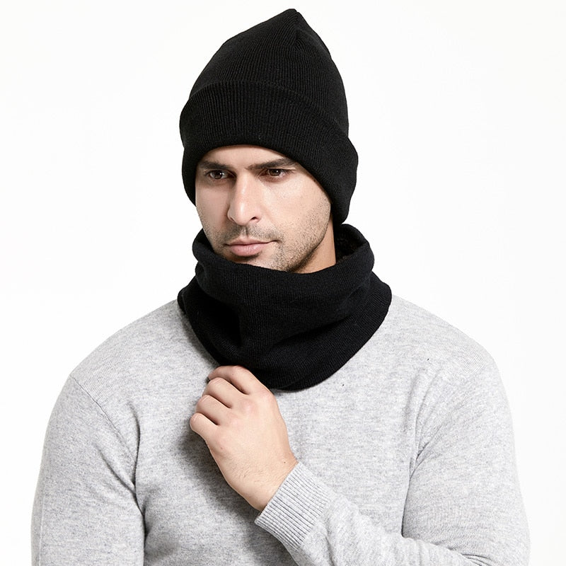 Winter Men Hats Scarf Set Keep Warm Thick Knitted Caps Winter Accessories Male Beanie Scarf Autumn Thicken Hedging Cap