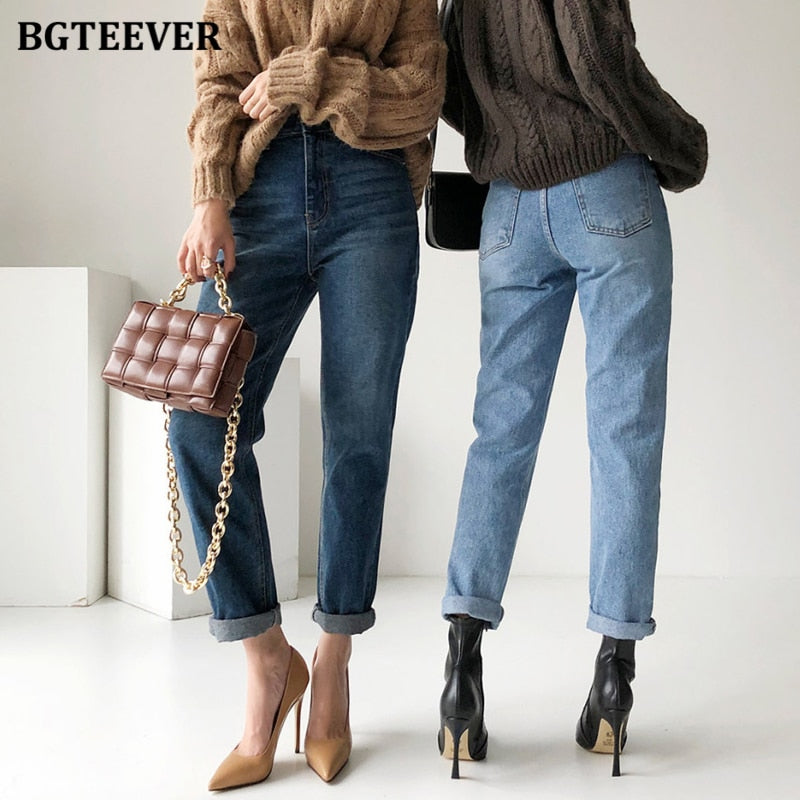 BGTEEVER Vintage Streetwear Women Denim Blue Jeans Autumn Winter High Waist Loose Trousers Female Straight Leg Jeans Pants