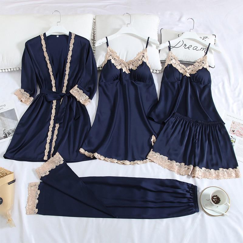 Women Robe Suit Pajamas Nighty&amp;Satin Kimono Bathrobe Gown Nightdress Silky Lace Sleep Set Nightwear Sexy Nightgown