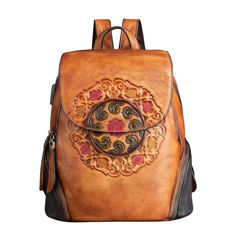 Retro Genuine Leather Backpack Women Bag 2022 Winter Handmade Embossing Floral Large Capacity Bagpack Female Vintage Backpacks