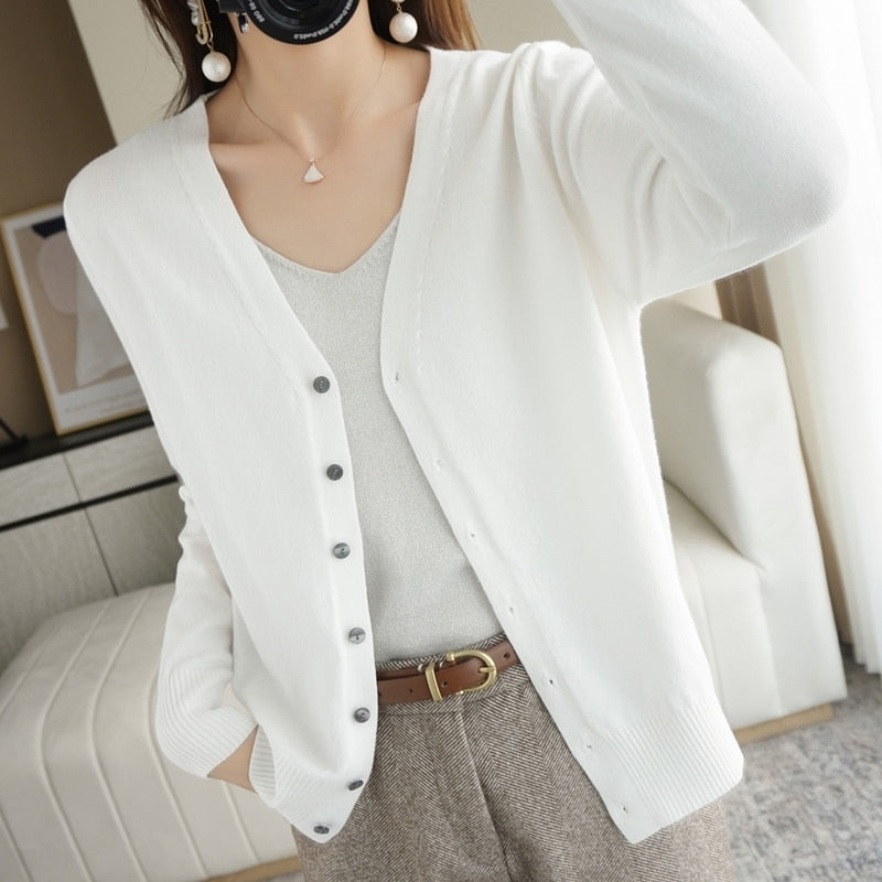 Spring Autumn New V-Neck Knitted Cardigan Women&#39;s Loose Large Size Thin Sweater All-Match Jacket Pure Color Basic Small Cardigan