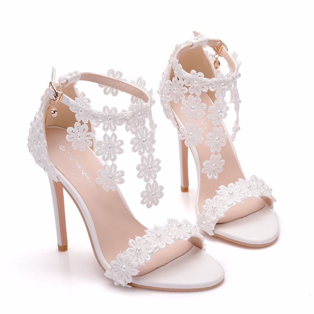 Crystal Queen Women Ankle Strap Sandals White Lace Flowers Pearl Tassel  Super Stiletto High Heels Slender Bridal Wedding Shoes