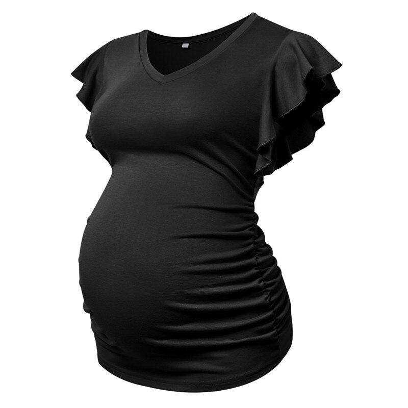 Maternity T-shirt Summer Pregnancy Women Tunic Tops Soft Tees Flying Sleeve Side Ruched T Shirts Cute Pregnant Clothes