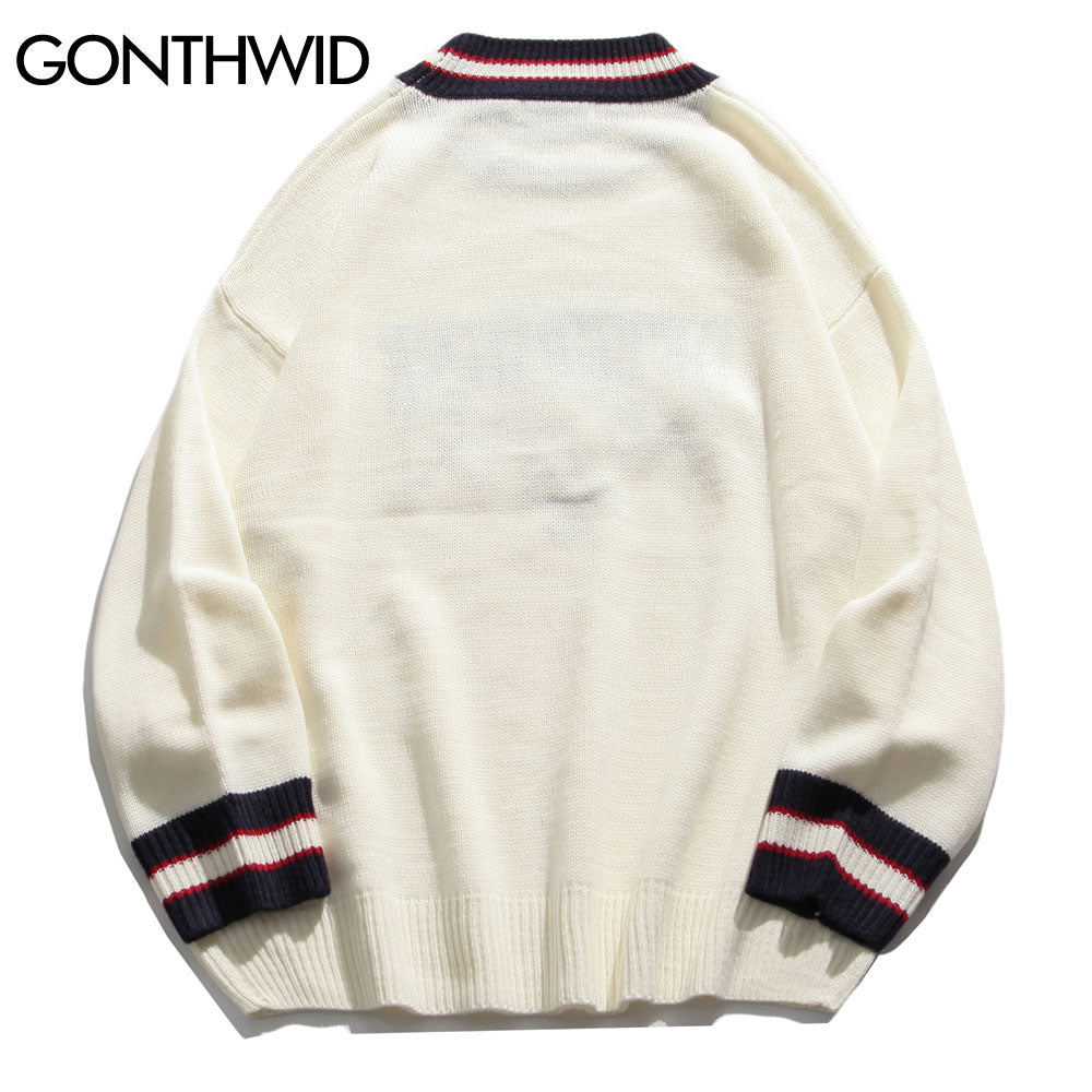 GONTHWID Bear Patchwork Striped Knitted Jumpers Sweaters Streetwear Hip Hop Harajuku Casual Pullover knitwear Mens Fashion Tops