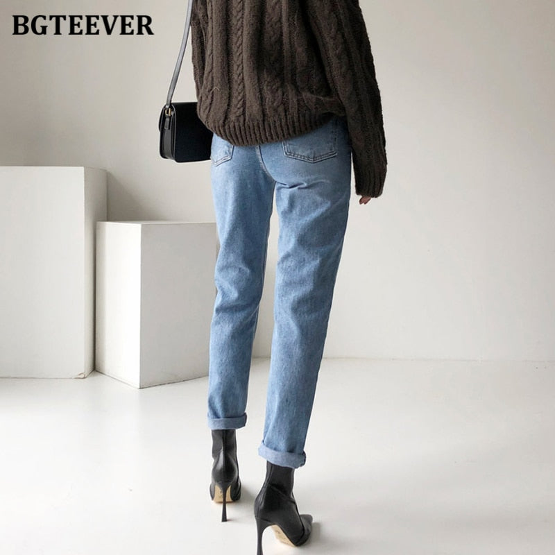 BGTEEVER Vintage Streetwear Women Denim Blue Jeans Autumn Winter High Waist Loose Trousers Female Straight Leg Jeans Pants