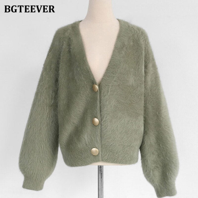 BGTEEVER Elegant Loose Women Knitted Cardigans Lantern Sleeve Mohair Sweater Jumpers 2020 Autumn winter Female Cardigan Jacket