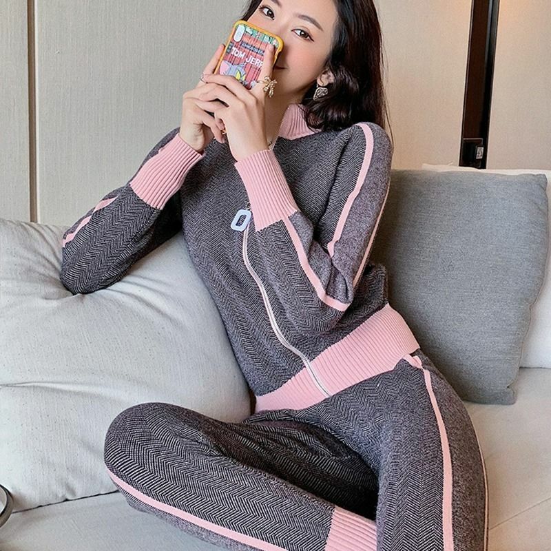 sweater+pants women clothing set casual body suits cardigan pants outfits spring plaid two pieces set woman knitted tracksuits