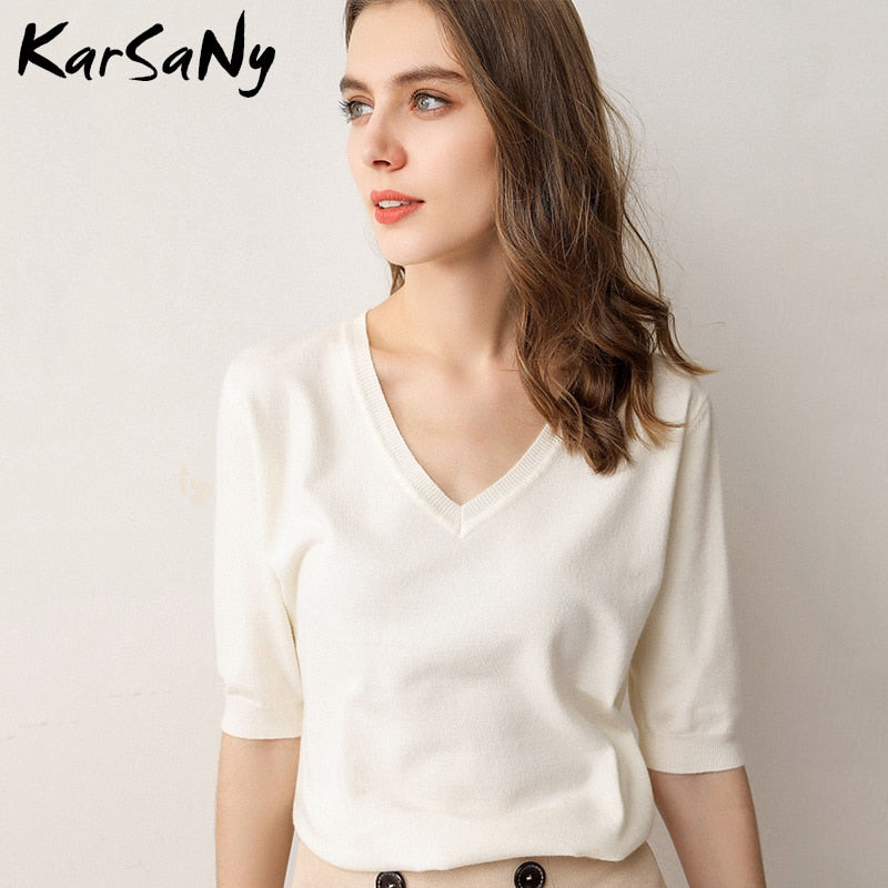 KarSany Half Sleeve Knitted Blouse Women Summer 2022 Pullovers Ladies V-neck Blouses Blouse Knitted Womens Tops And Blouses