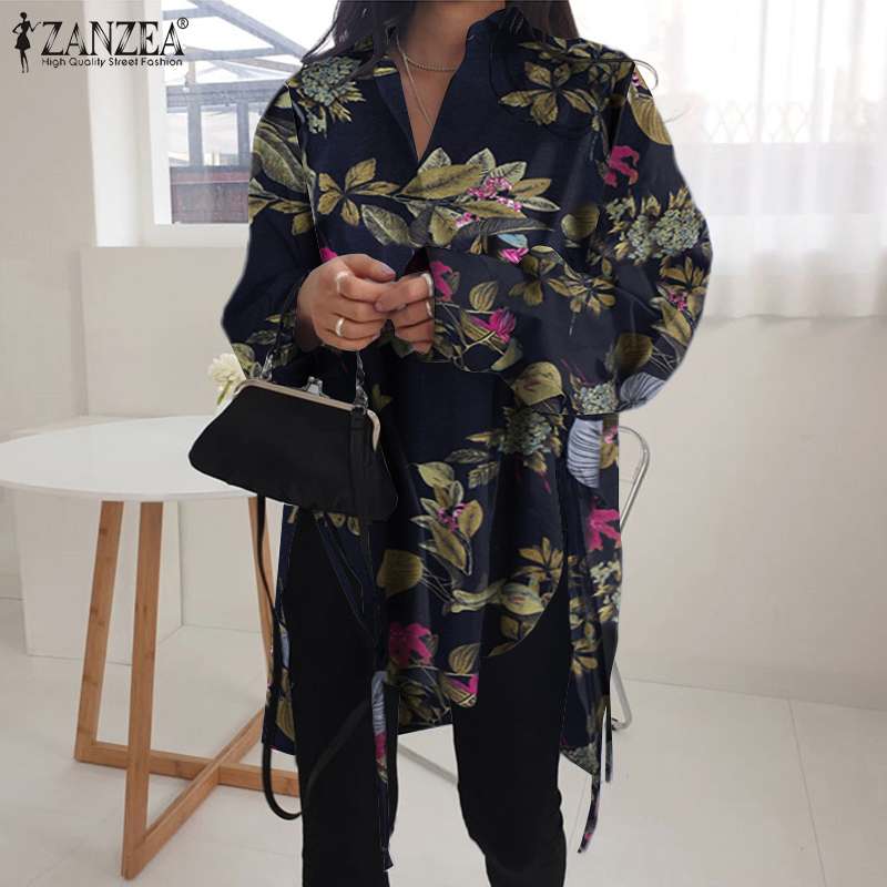 Stylish Solid Shirts Women&#39;s Asymmetrical Blouse 2022 ZANZEA Casual Lace Up Blusas Female Button Lapel Shirt Oversized Tunic