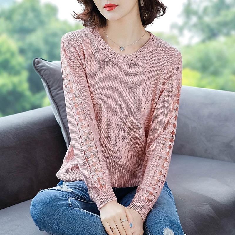 Stitching Lace Base Knitted Sweater Women Flowers Hollow Loose Round Neck Solid Color Casual Jumpers Female 2022 Spring