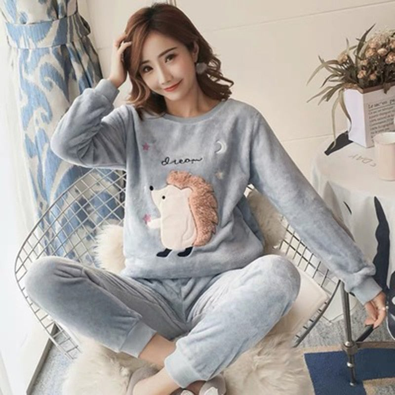 2021 Autumn Winter Pajamas Set Women Sleep Shirt & Pant Set Sleepwear Warm Flannel Nightgown Female Cartoon Bear Animal Pijamas