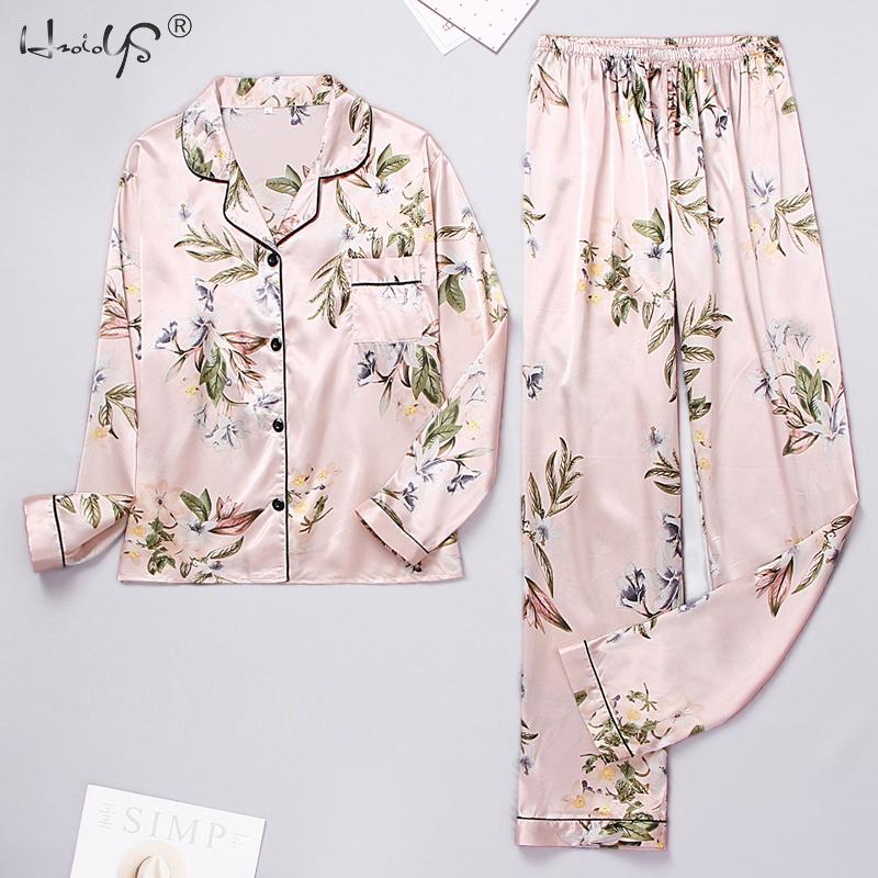 Spring Summer Women&#39;s Pijamas Silk Satin Pajamas Set Long Sleeve and Trouser Pyjamas Suits Sleepwear Loungewear Female Mujer