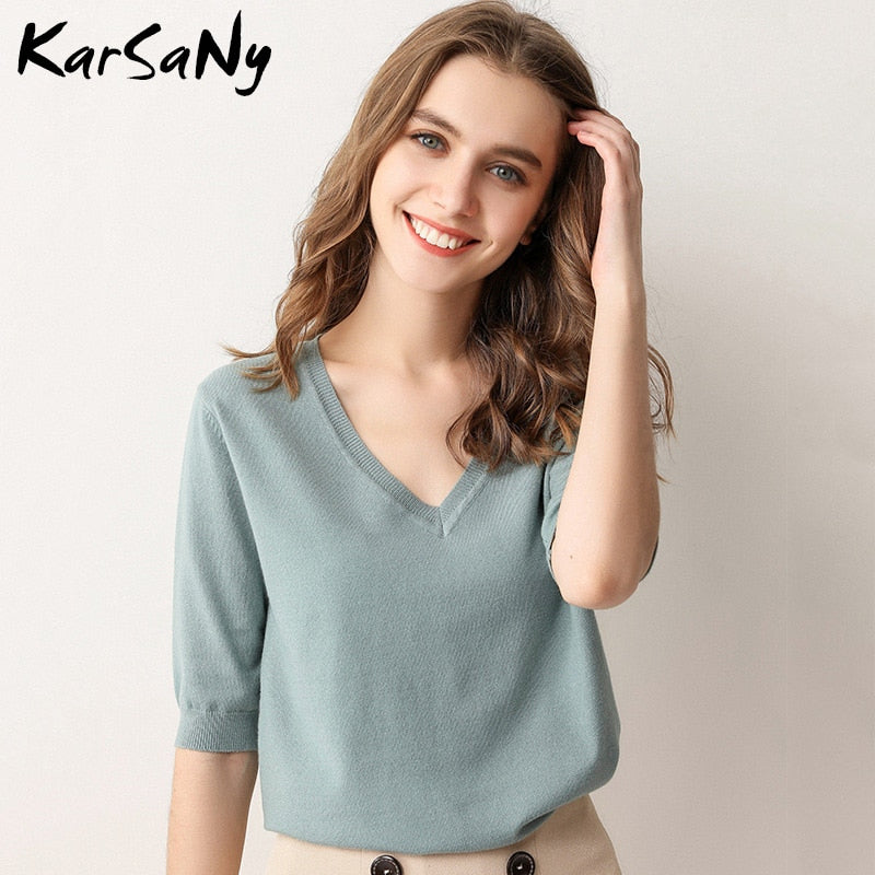 KarSany Half Sleeve Knitted Blouse Women Summer 2022 Pullovers Ladies V-neck Blouses Blouse Knitted Womens Tops And Blouses