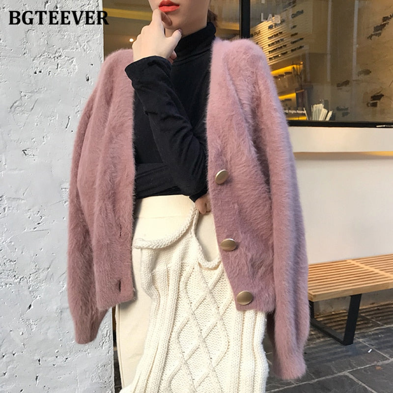 BGTEEVER Elegant Loose Women Knitted Cardigans Lantern Sleeve Mohair Sweater Jumpers 2020 Autumn winter Female Cardigan Jacket