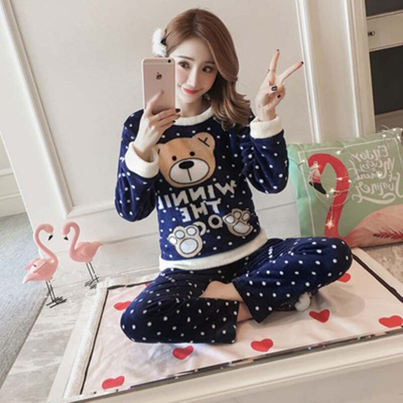 2021 Autumn Winter Pajamas Set Women Sleep Shirt & Pant Set Sleepwear Warm Flannel Nightgown Female Cartoon Bear Animal Pijamas