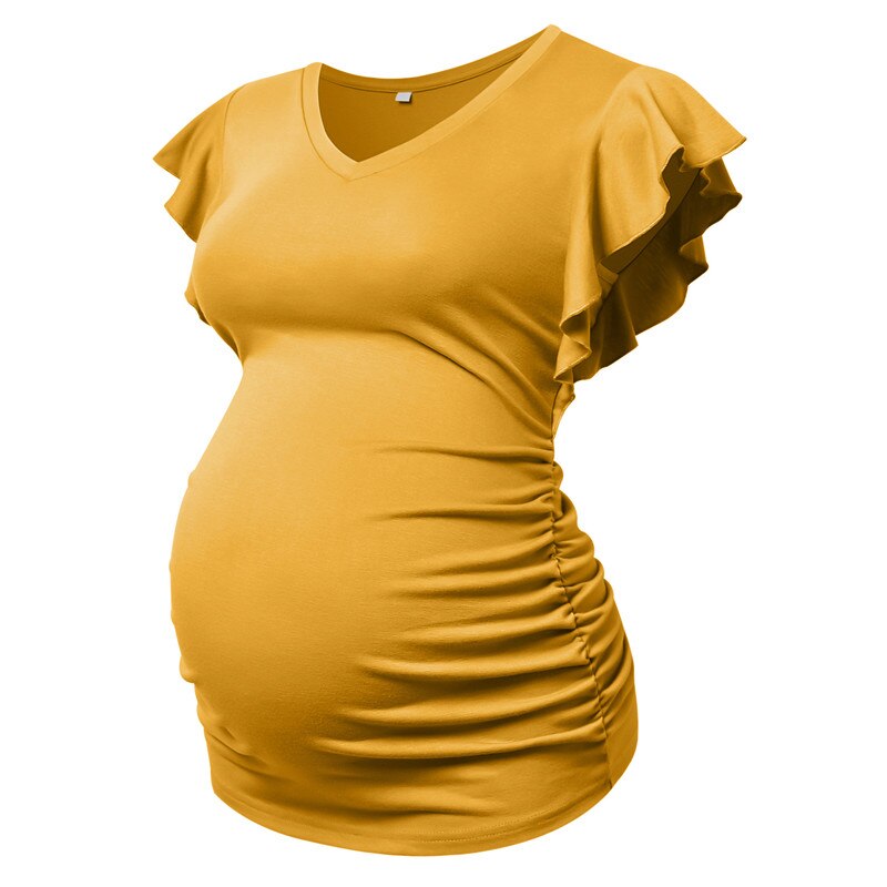 Maternity T-shirt Summer Pregnancy Women Tunic Tops Soft Tees Flying Sleeve Side Ruched T Shirts Cute Pregnant Clothes