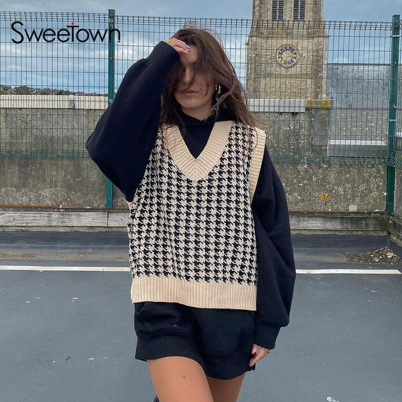 Sweetown Houndstooth Knitted Oversized Womens Sweater Vest Vintage Preppy Style Clothes V Neck Casual Loose 90s Knitwear Autumn