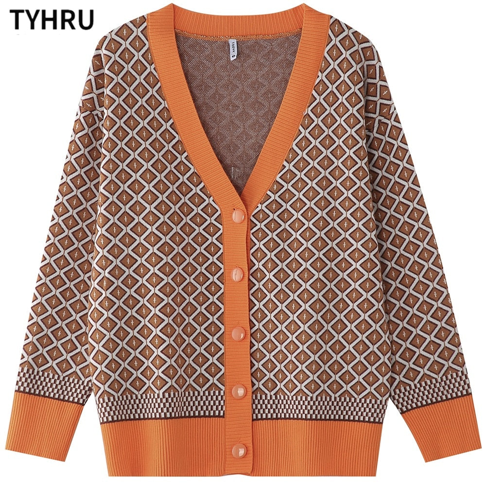 TYHRU Women&#39;s Knitting Sweater Color Matching Diamond Lattice Single-Breasted Buttons Loose Casual Knitted Cardigan Sweaters