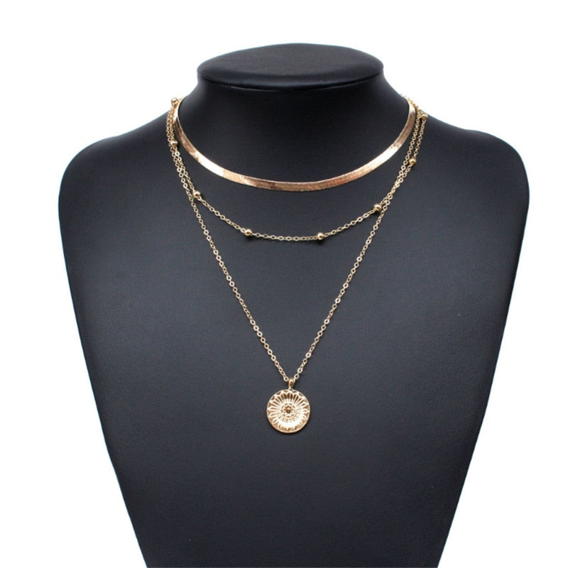 Fashion Layered Necklaces Blade Snake Chain Silver Gold Coin Pendant Necklace Boho Bead Jewelry For Women Girls Party Jewelry