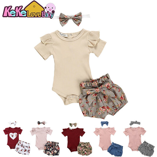 Newborn Baby Girl Clothes Set Summer Solid Color Short Sleeve Romper Flower Shorts Headband 3Pcs Outfit New Born Infant Clothing