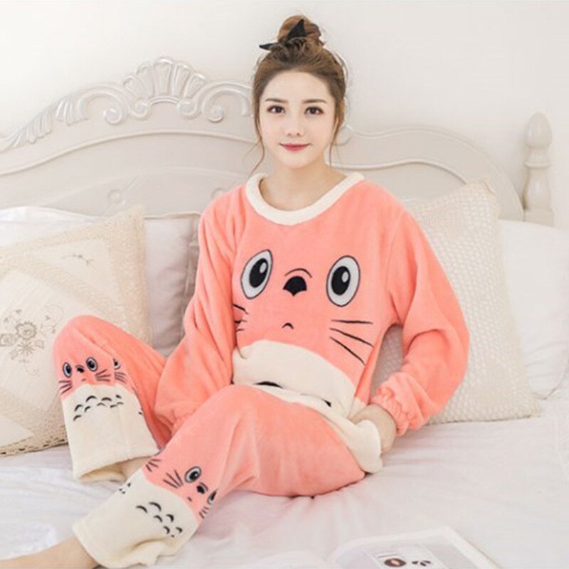 2021 Autumn Winter Pajamas Set Women Sleep Shirt & Pant Set Sleepwear Warm Flannel Nightgown Female Cartoon Bear Animal Pijamas