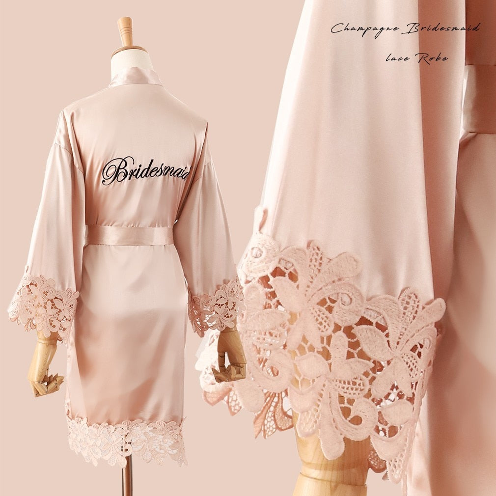 Summer Lace Sleepwear Bride&amp;Bridemaid Wedding Robe Gown Solid Embroidery Kimono Bathrobe Women Casual Home Night Dress M L Xl