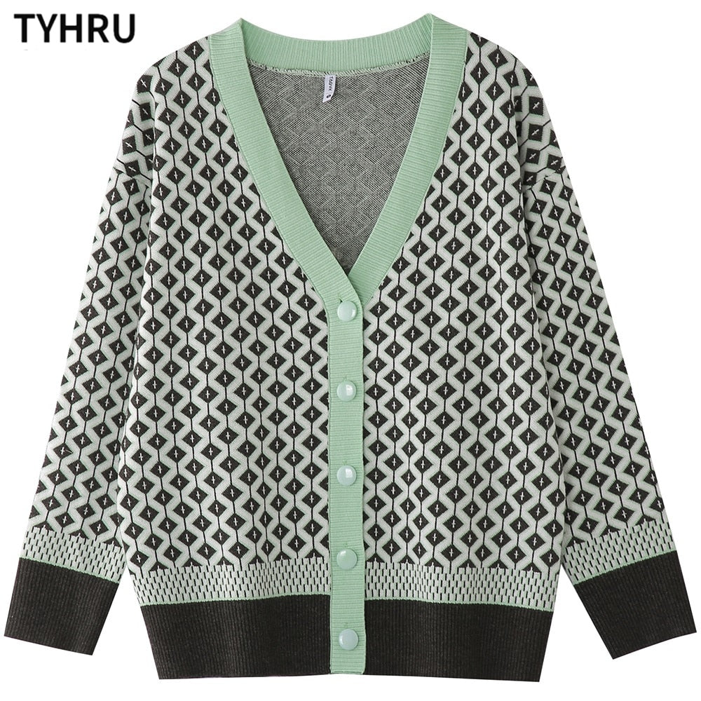 TYHRU Women&#39;s Knitting Sweater Color Matching Diamond Lattice Single-Breasted Buttons Loose Casual Knitted Cardigan Sweaters