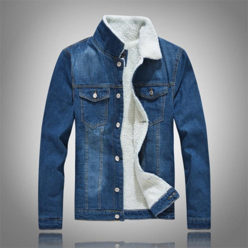 Men&#39;s Denim Jacket Warm Winter Casual Bomber Male Korean Style cowboy Jacket Fashion Fleece Vintage Clothing Men Black Jean Coat