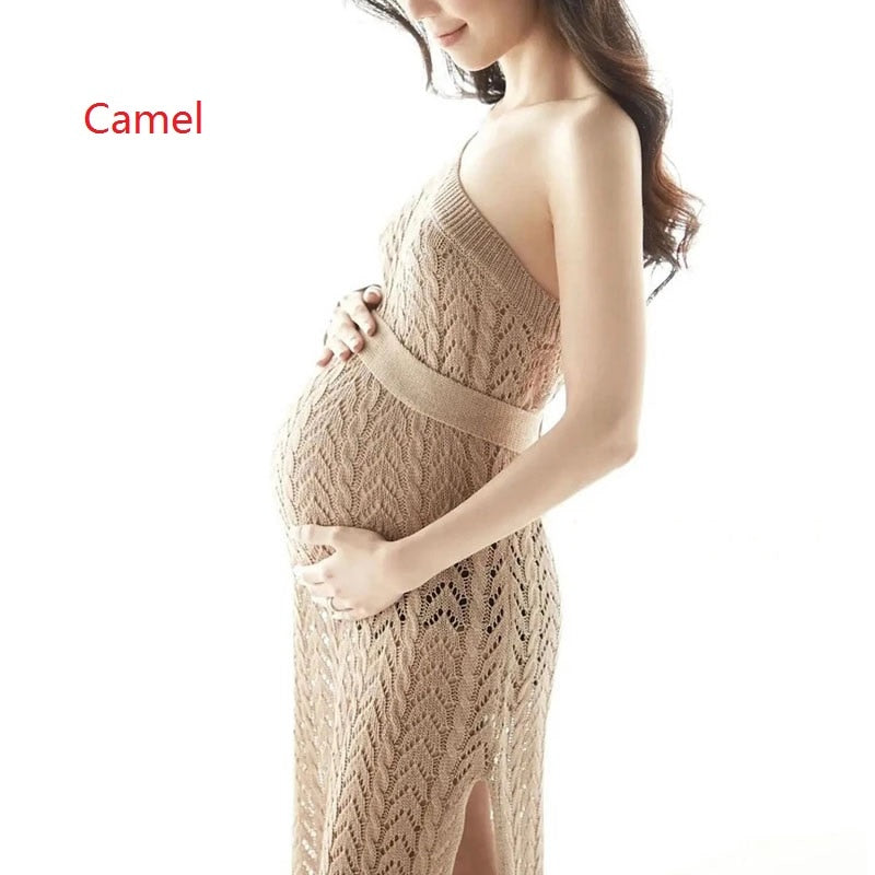 Pregnancy Dress Shoot Gold Knitted Maternity Dresses for Photo Shoot Robe Transparent hollowed Clothing Props