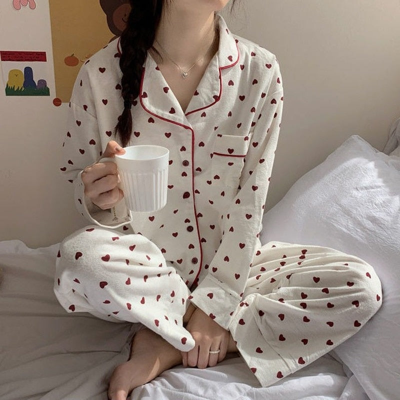 Homewear Winter Print Sweetheart Pajamas Set Women Lounge Set Pyjamas Sleepwear Nightwear Pijama Mujer